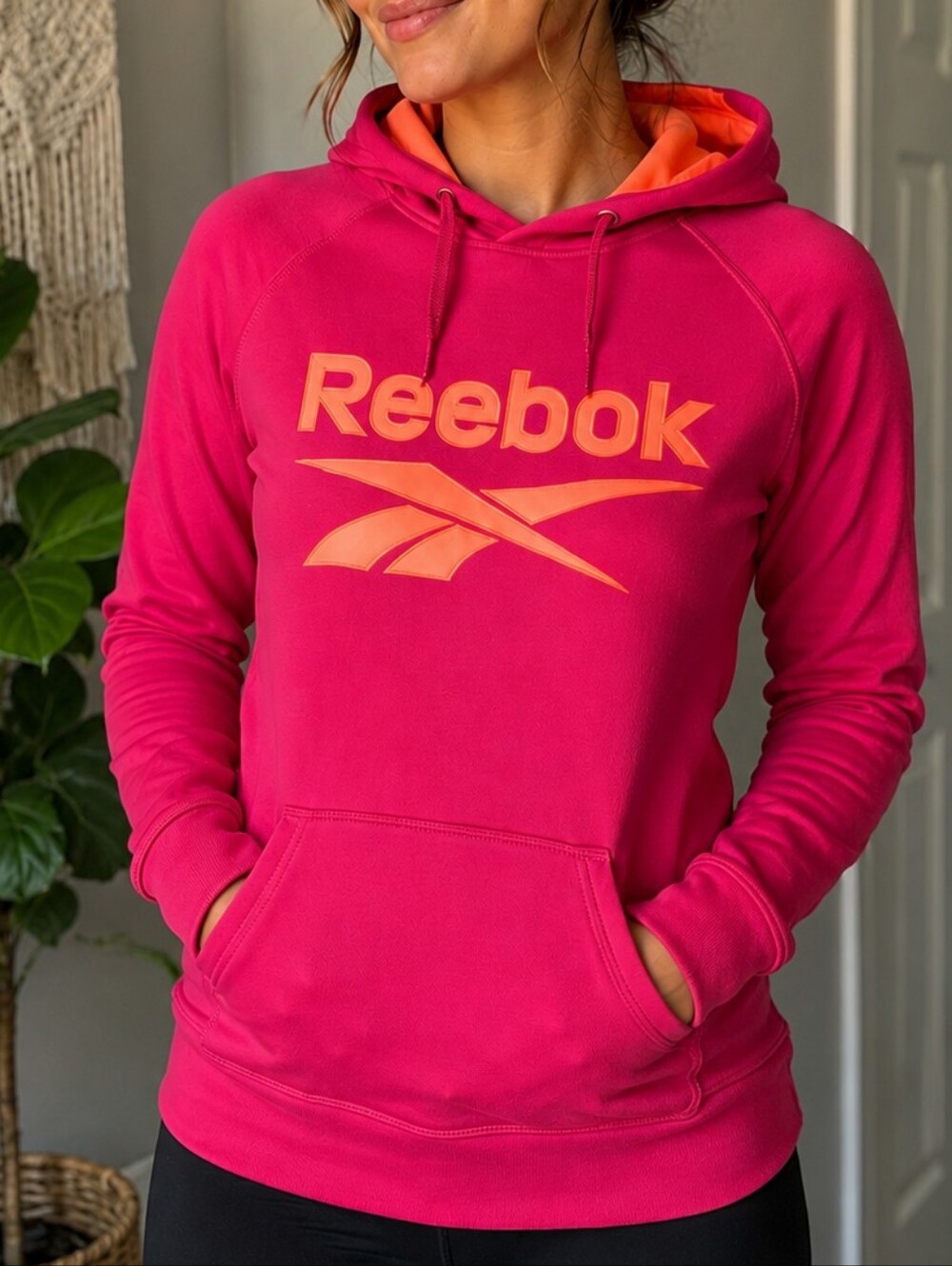 Reebok Pink Neon Orange Pullover Hoodie Womens Small Athletic Sweatshirt